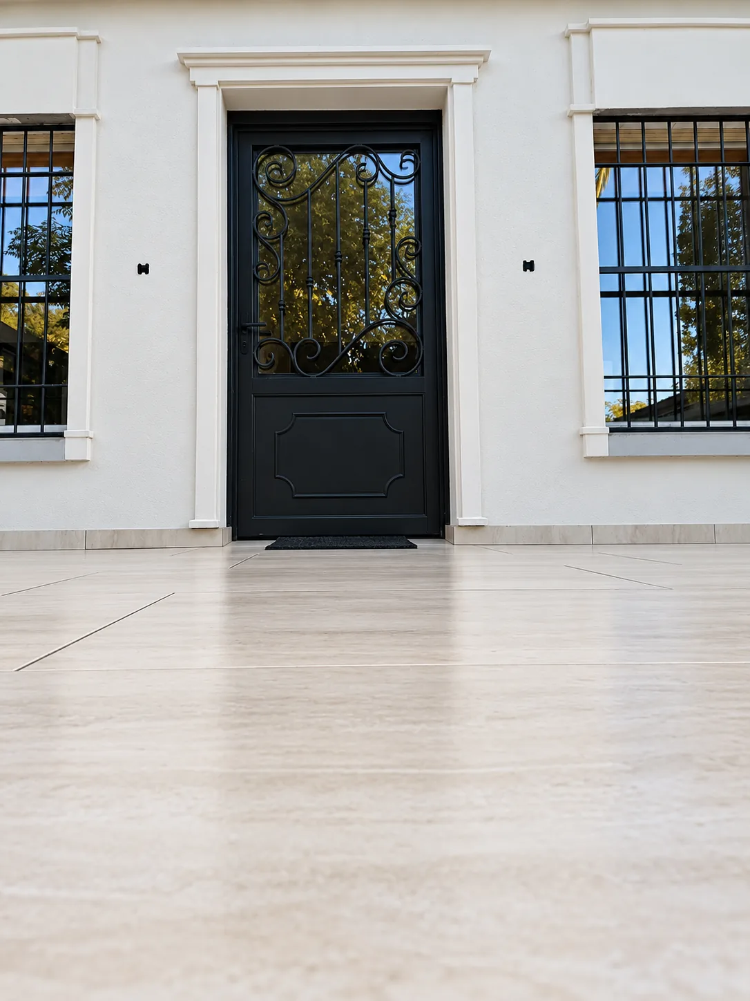 Puerta de herrería y piso de porcelanato terminados por MJR Construcciones